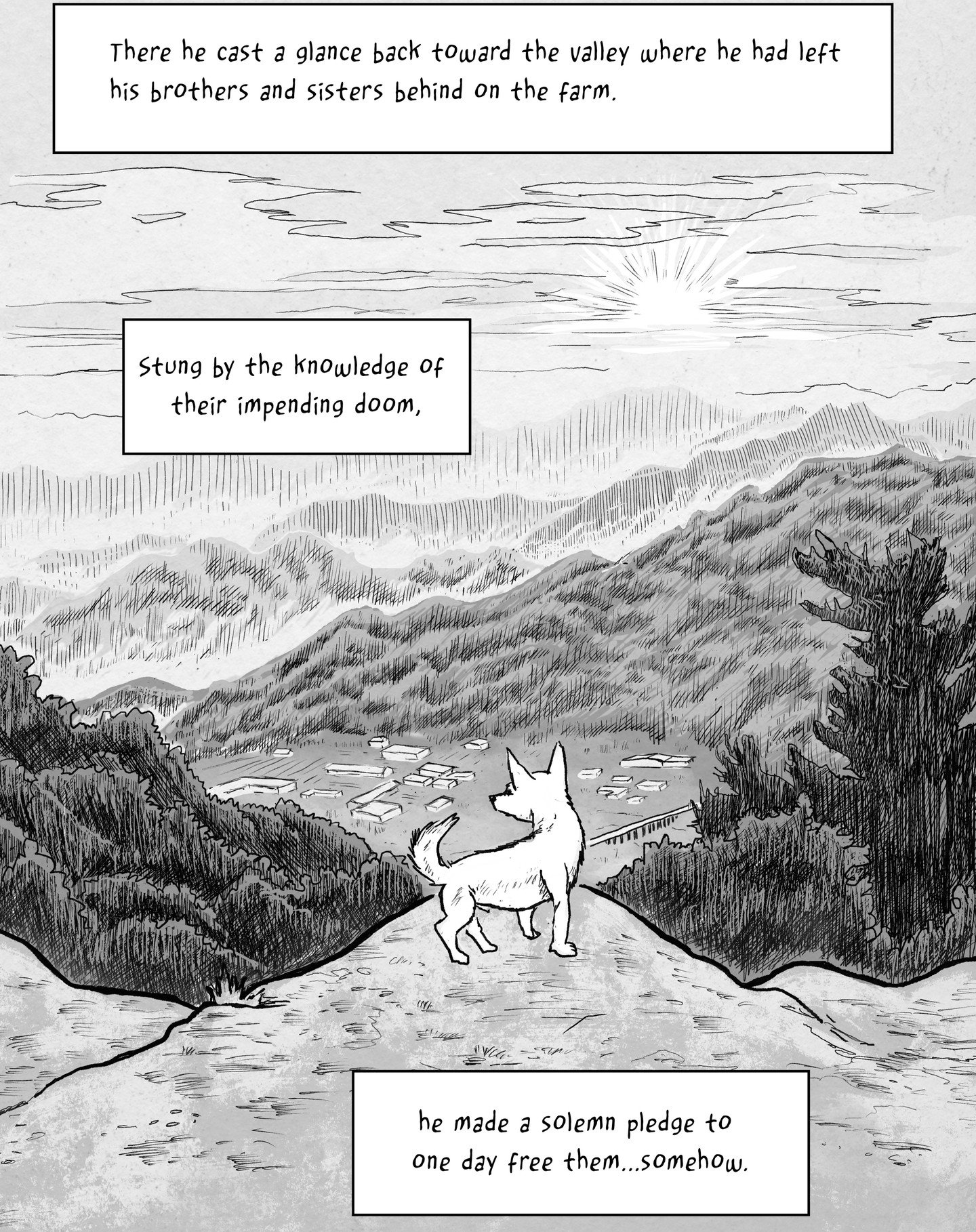 Sample page from my work-in-progress graphic novel - this is page 6 from a chapter on the origins of the canine revolution and the legend of Yinlod.

#graphicnovel #independentcomics #illustrationartists