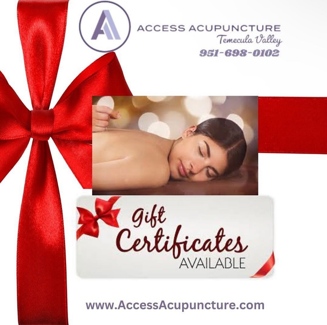 Happy Tuesday! Don&rsquo;t forget to get your gift certificates for your loved ones. Give the gift of a healing Acupuncture treatment or a relaxing Massage session for the holidays. Call 951-698-0102 today. #acupuncture #accessacupuncture #massage #g