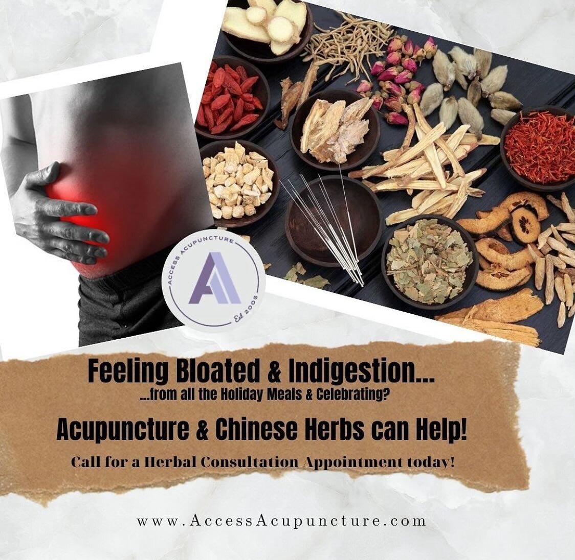 Feeling bloated &amp; Indigestion from holiday celebrations? Call our office for an herbal consultation &amp; Acupuncture session at 951-698-0102. We can help. #acupuncture #accessacupuncture #wellness #massage #herbalmedicine #consultation #feelbett