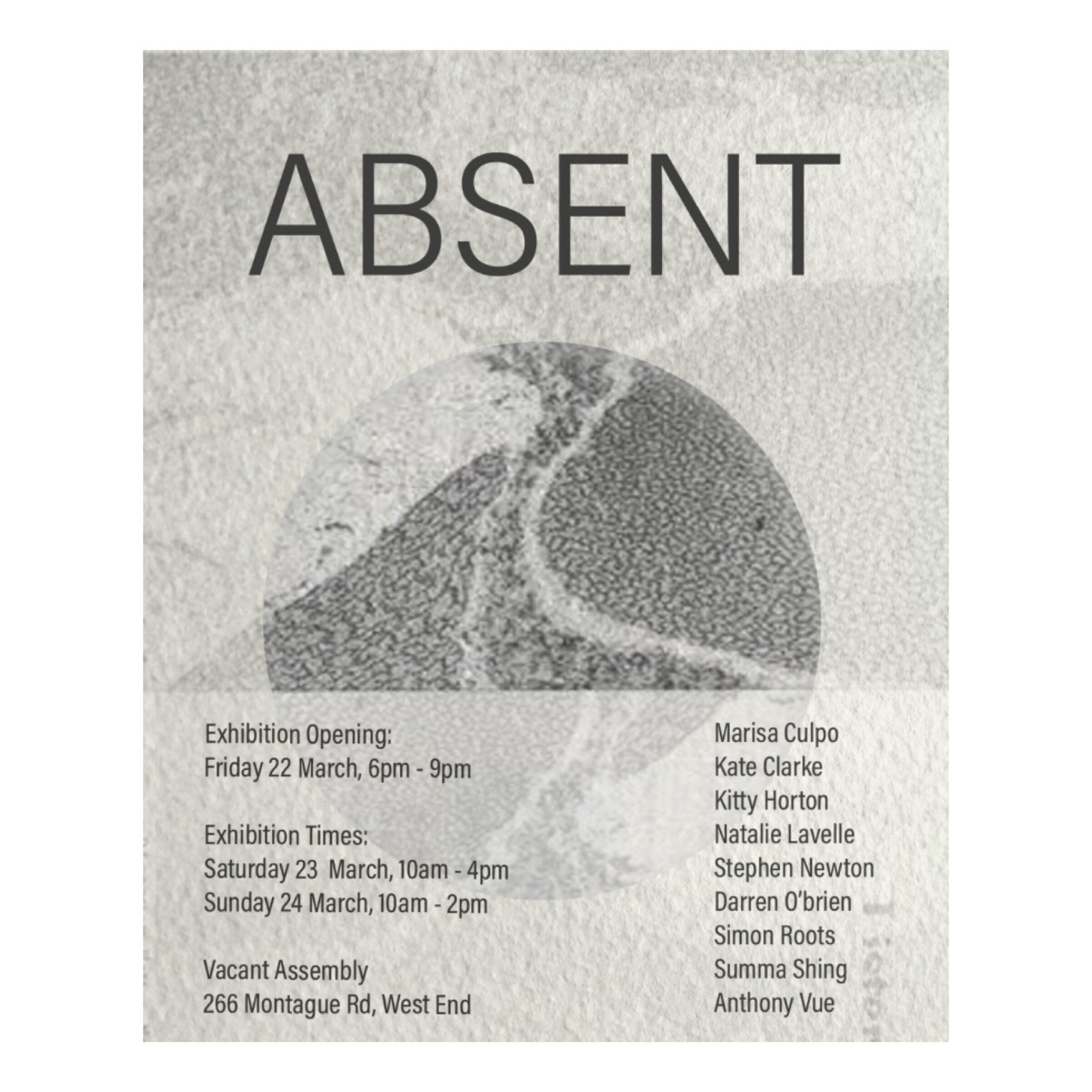 &lsquo;Absent&rsquo; opening @vacant_assembly 
Fri 22nd March 6-9pm 🥂🤩
See u all there!
.
Group exhibition featuring: 
Kate Clarke @kateclarke_visualart 
Marisa Culpo @marisashapesculpo 
Kitty Horton @kitty_horton 
Natalie Lavelle @nat.lavelle 
Ste