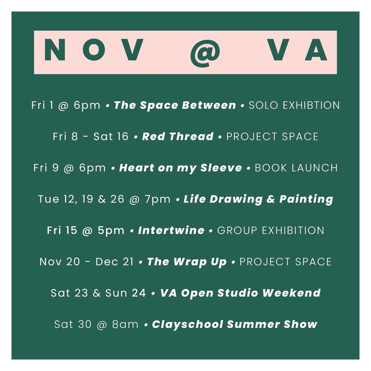 November 😅🤩 @vacant_assembly
Mass line up of good shit going down😆💪

Open studios, clay school, exhibitions, book launch 
👀💃💃

.. 
check bio for more info🤩
.
 #lifedrawing #monthly #calender #events #groupproject #projectspace #groupexhibitio