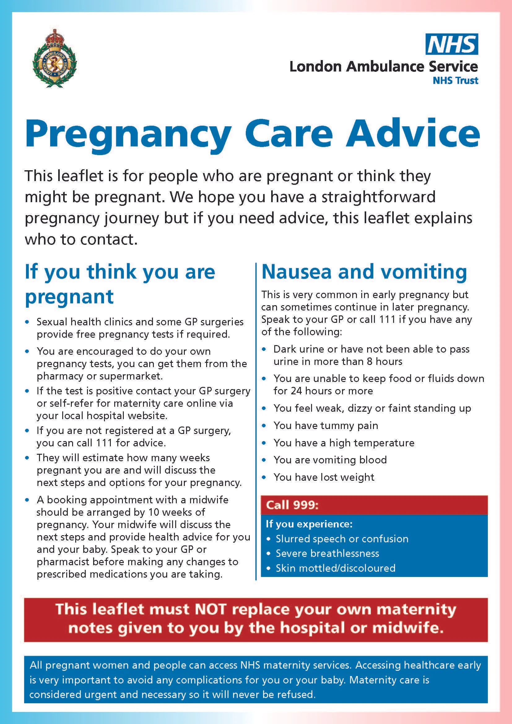 Pregnancy Care Advice (NHS London Ambulance Service)