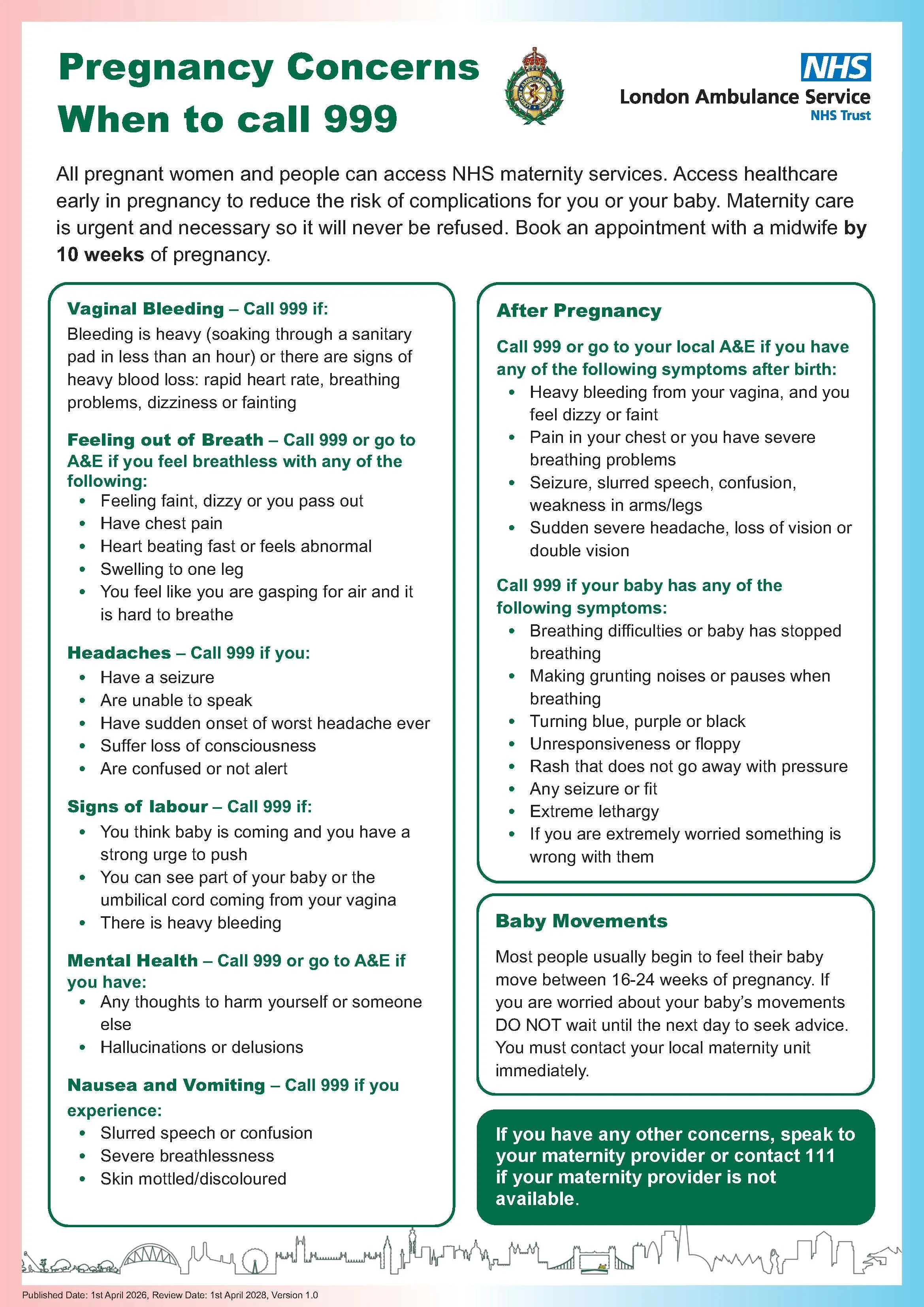 Pregnancy Concerns When to call 999 (NHS London Ambulance Service) 
