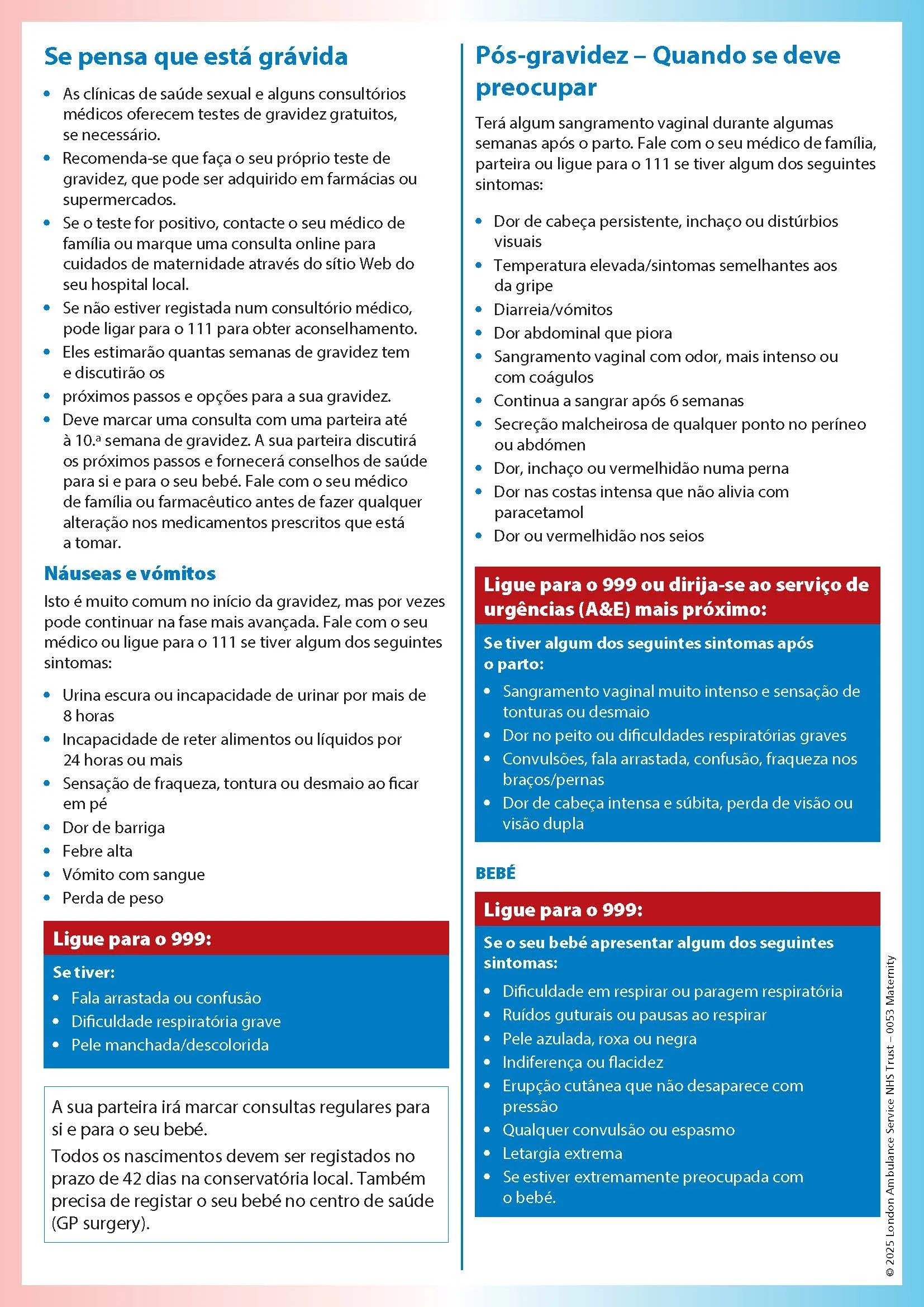 Materntiy Information (London Ambulance Service NHS Trust) - Portuguese