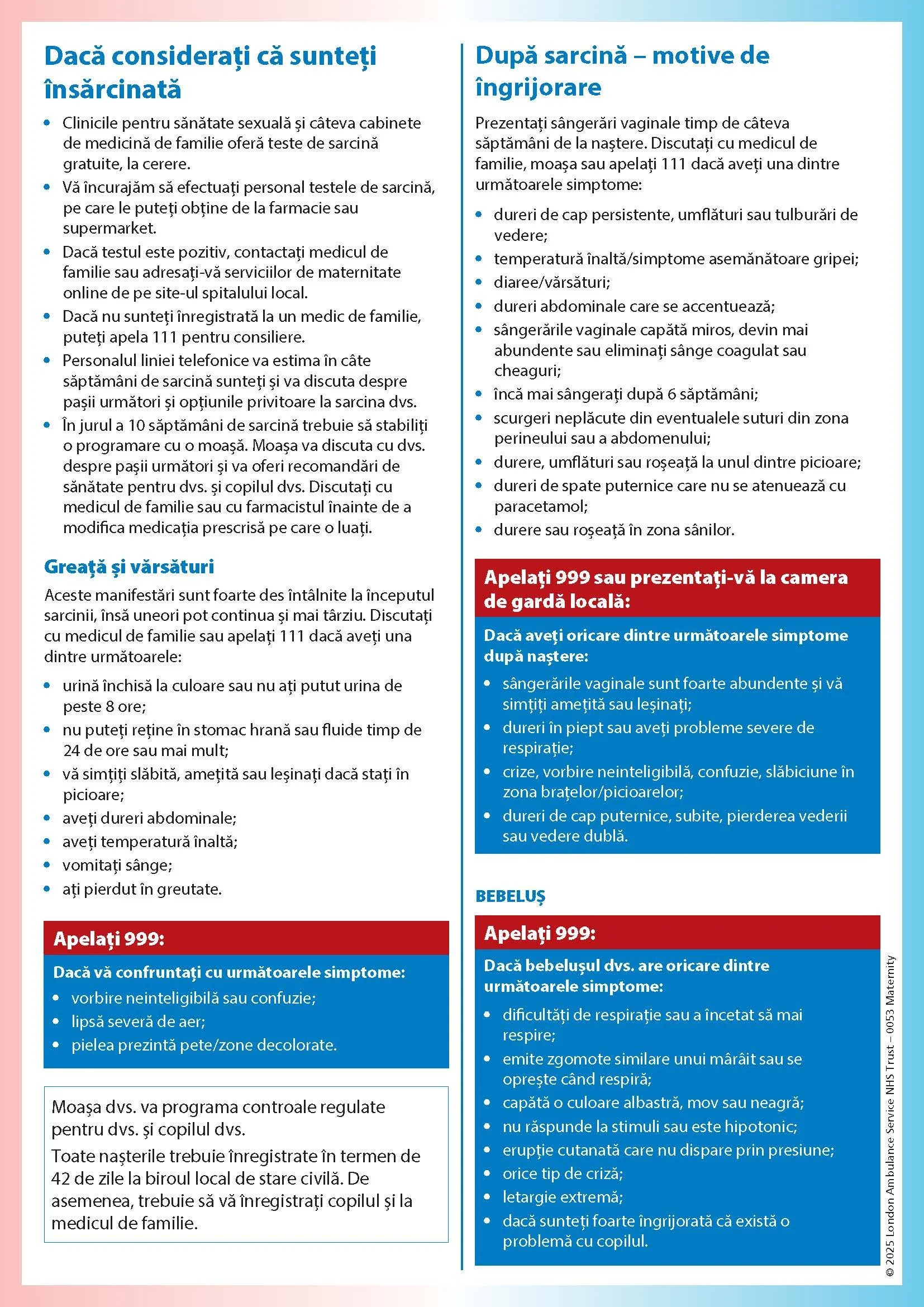 Materntiy Information (London Ambulance Service NHS Trust) - Romanian