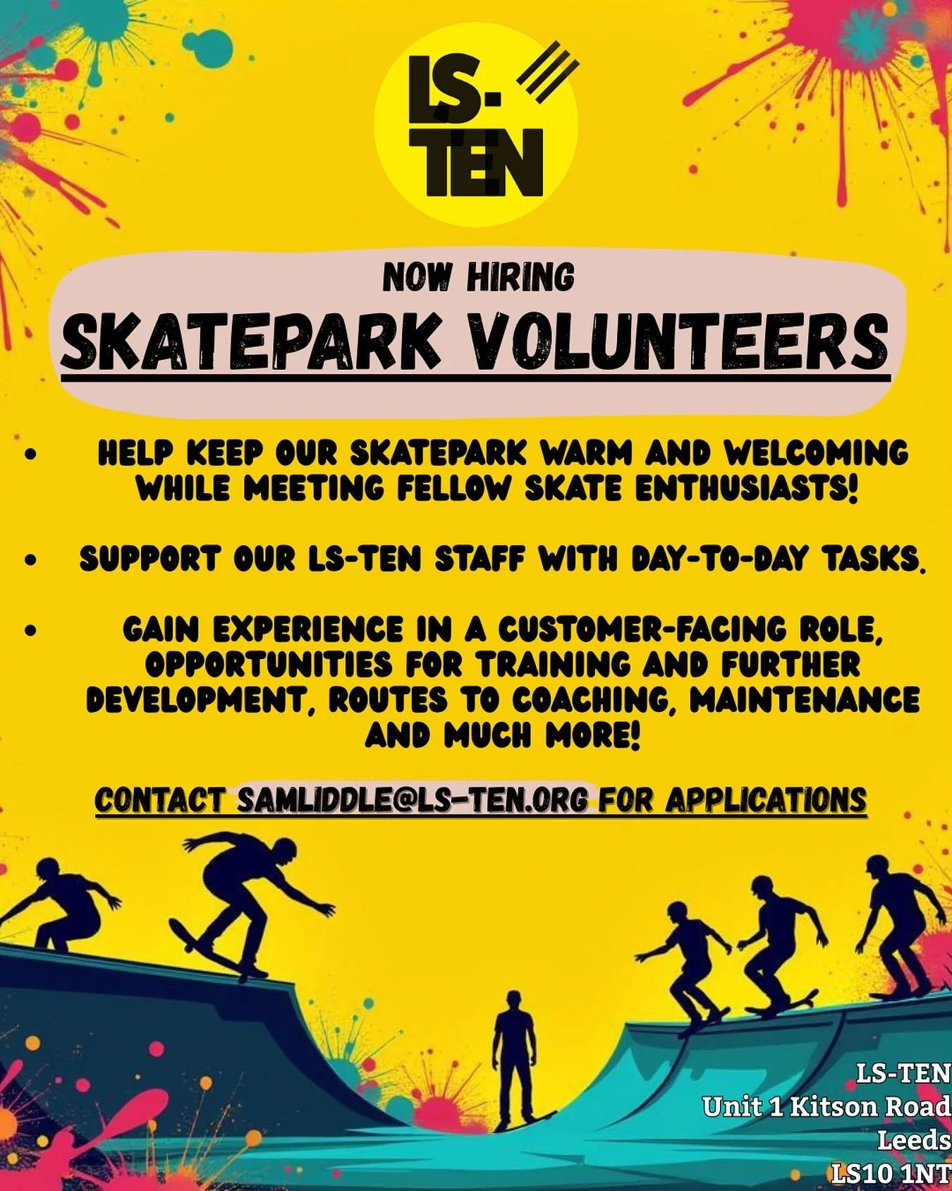 Now hiring&hellip; SKATEPARK VOLUNTEERS!

🛹Help keep our skatepark warm and welcoming while meeting fellow skate enthusiasts!

🛼Support LS-TEN staff with day-to-day tasks.

🛴 Gain experience in a customer facing role, opportunities for training an
