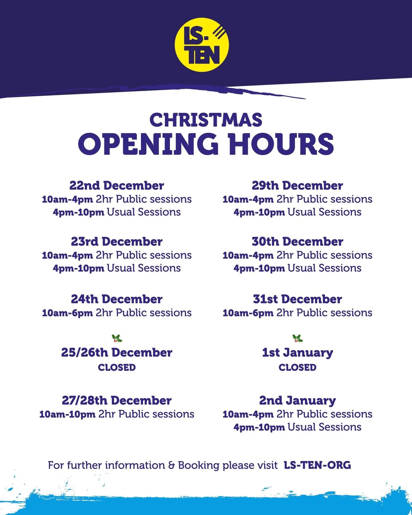 CHRISTMAS OPENING TIMES🎄

We have some extra slots opening during the festive period! For &lsquo;usual sessions&rsquo; check our weekly what&rsquo;s on post coming soon.

We will be closed 25th, 26th, 1st