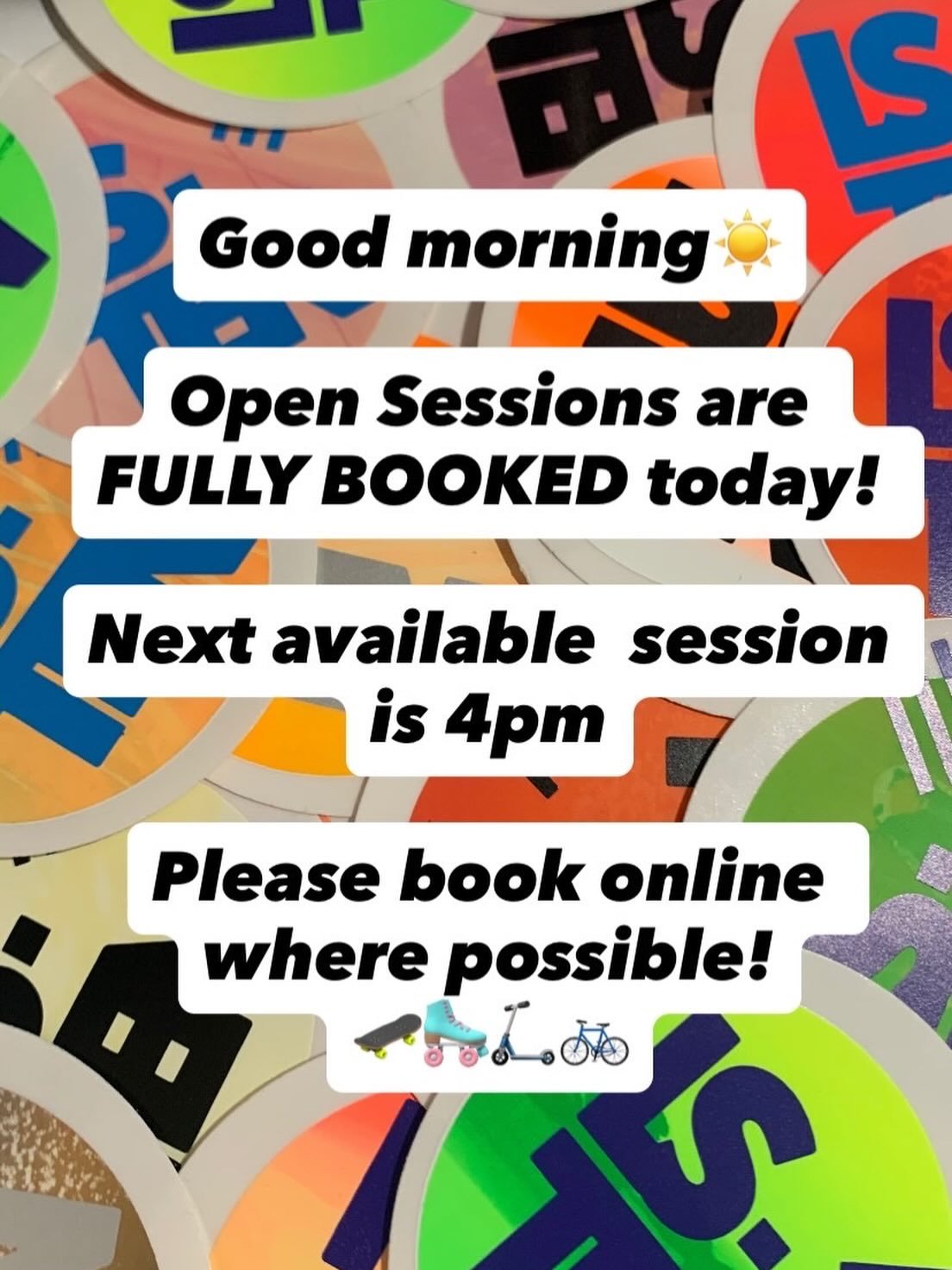 Morning everyone🌞

We are FULLY BOOKED for daytime sessions today, evening availability from 4pm and Skateboard Night later on.

Cheers!🛹🛼🛴🚲