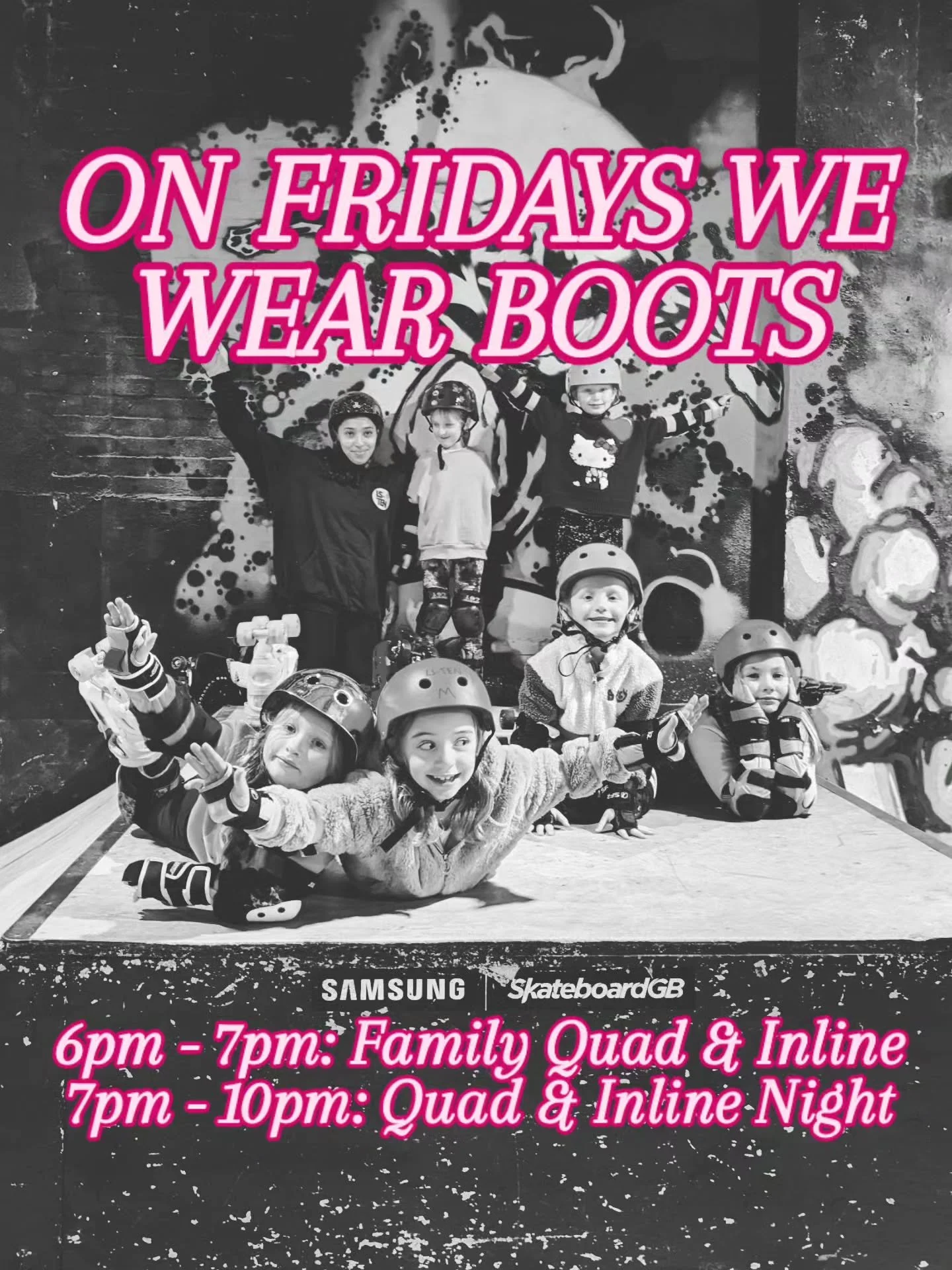 "On Fridays we wear boots" 💖💅🛼

QUAD AND INLINE ONLY FROM 7PM ON FRIDAYS!

🛼 6pm - 7pm: Family Quad &amp; Inline - &pound;8 🛼
This session is perfect for families and young children who are getting started or want to level up their ski