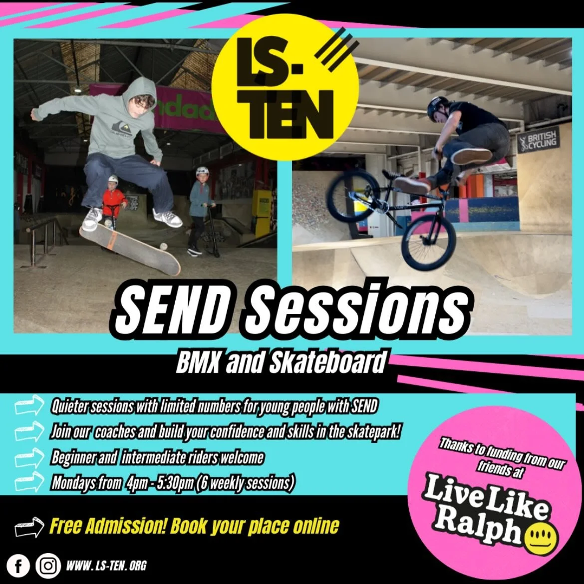 SKATEPARK SESSIONS FOR ALL✨ BMX AND SKATEBOARD EDITION

Don&rsquo;t miss out on these great FREE sessions funded by our good friends at @livelikeralph_ 💛

These sessions aim to improve access to wheeled sports for young people with SEND (Special Edu