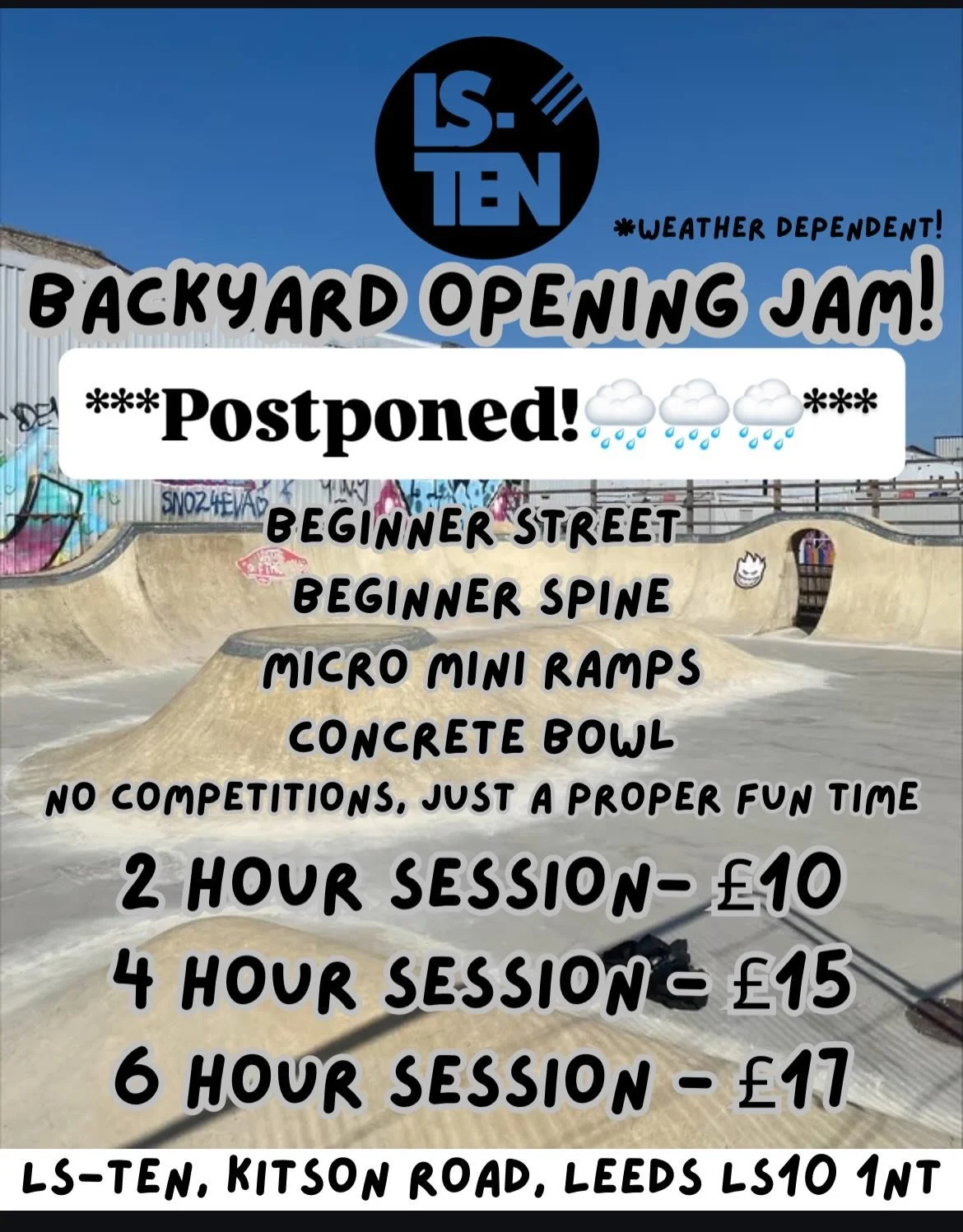 Backyard Opening Jam is POSTPONED.

🌧️We&rsquo;ve done what we can to dry the skatepark today but unfortunately due to wet weather it will remain closed. 
🌧️Indoor skatepark is open as normal today
🌧️We will reschedule the jam for the next dry opp