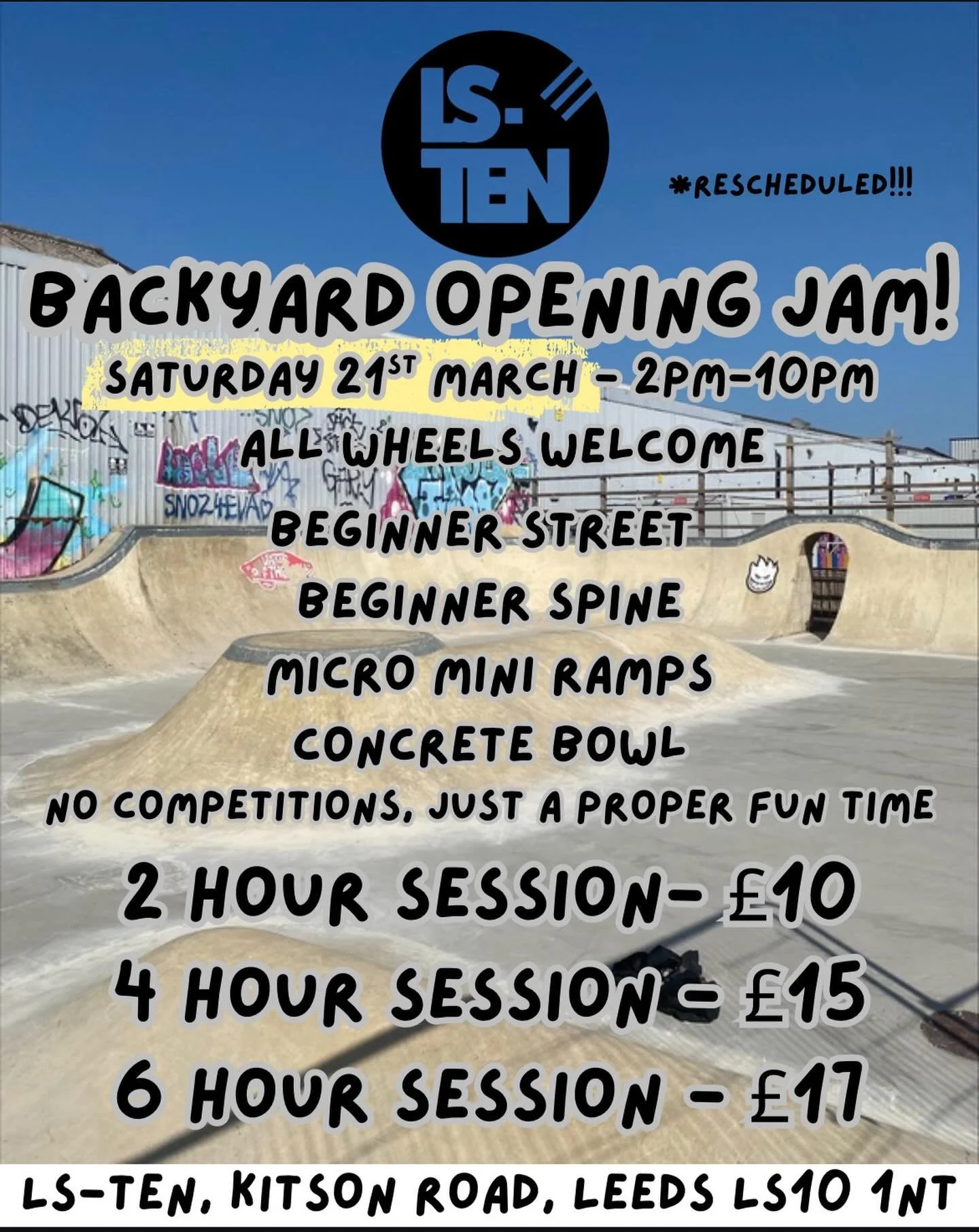 🌞Backyard Opening Jam!🌞

☀️Saturday 21st March☀️

We&rsquo;ve rescheduled and we&rsquo;re hoping for a sunny week ahead!
Come down on Saturday to help us open the outdoors.

No competitions, just a fun time in the sun!

See you there 🌞

#leeds #ls
