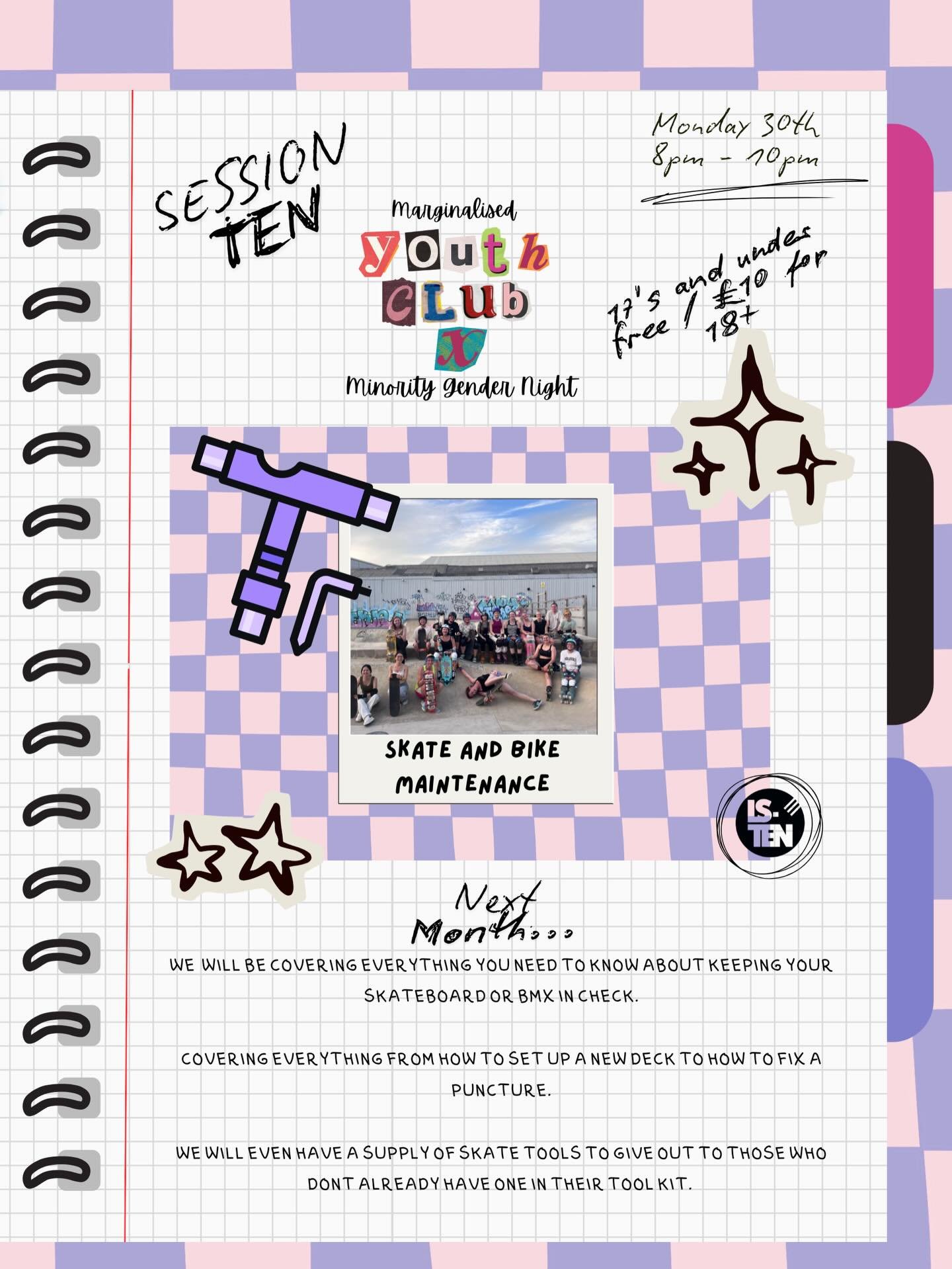 APRIL MINORITY GENDER NIGHT SESSION🚲🛹

This month we&rsquo;ll be learning how to maintain our skateboard and bike! A drop in workshop on how to set up a skateboard and how to fix a puncture on a bike!

We&rsquo;ll be giving our skateboard tools to 