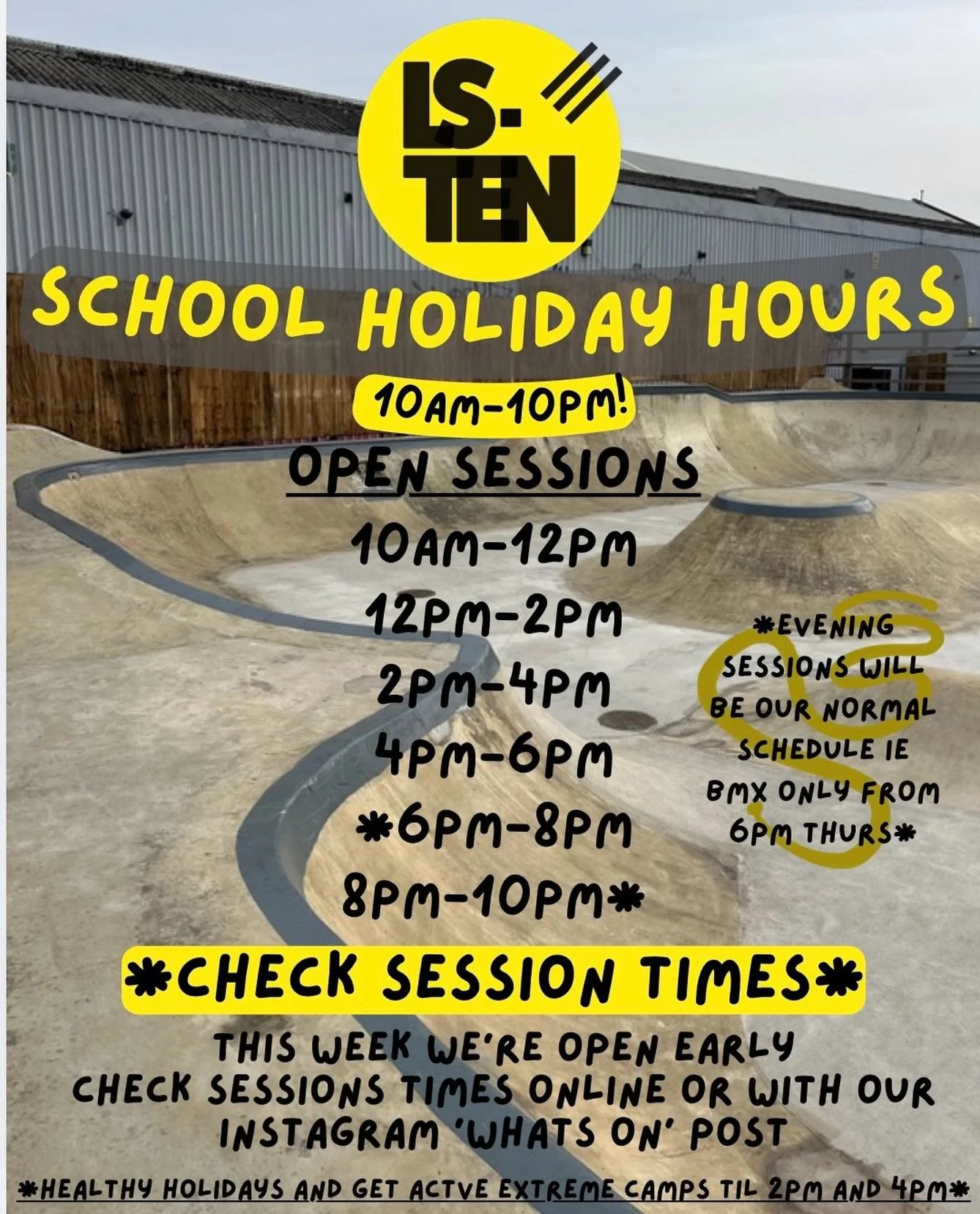This week and next we&rsquo;re on our school holiday hours!🌞

We&rsquo;ll be open early with sessions from 10am🛹

Please be aware that our Camps will be in the skatepark 9-4pm.

Check session times and book online where possible, evening sessions w