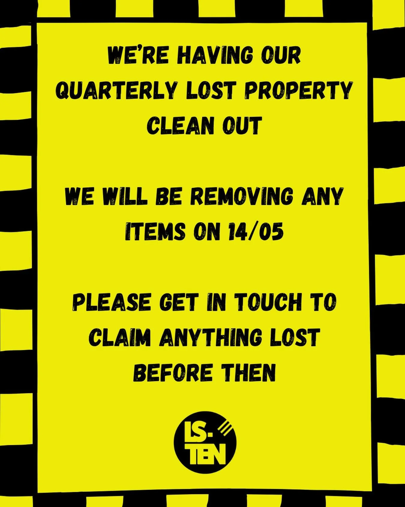 ⚠️LOST PROPERTY CALL OUT⚠️

If you have lost anything in the last few months, now&rsquo;s your time to claim it!

Please get in touch with us before 14/05 before our clean out

Thank you