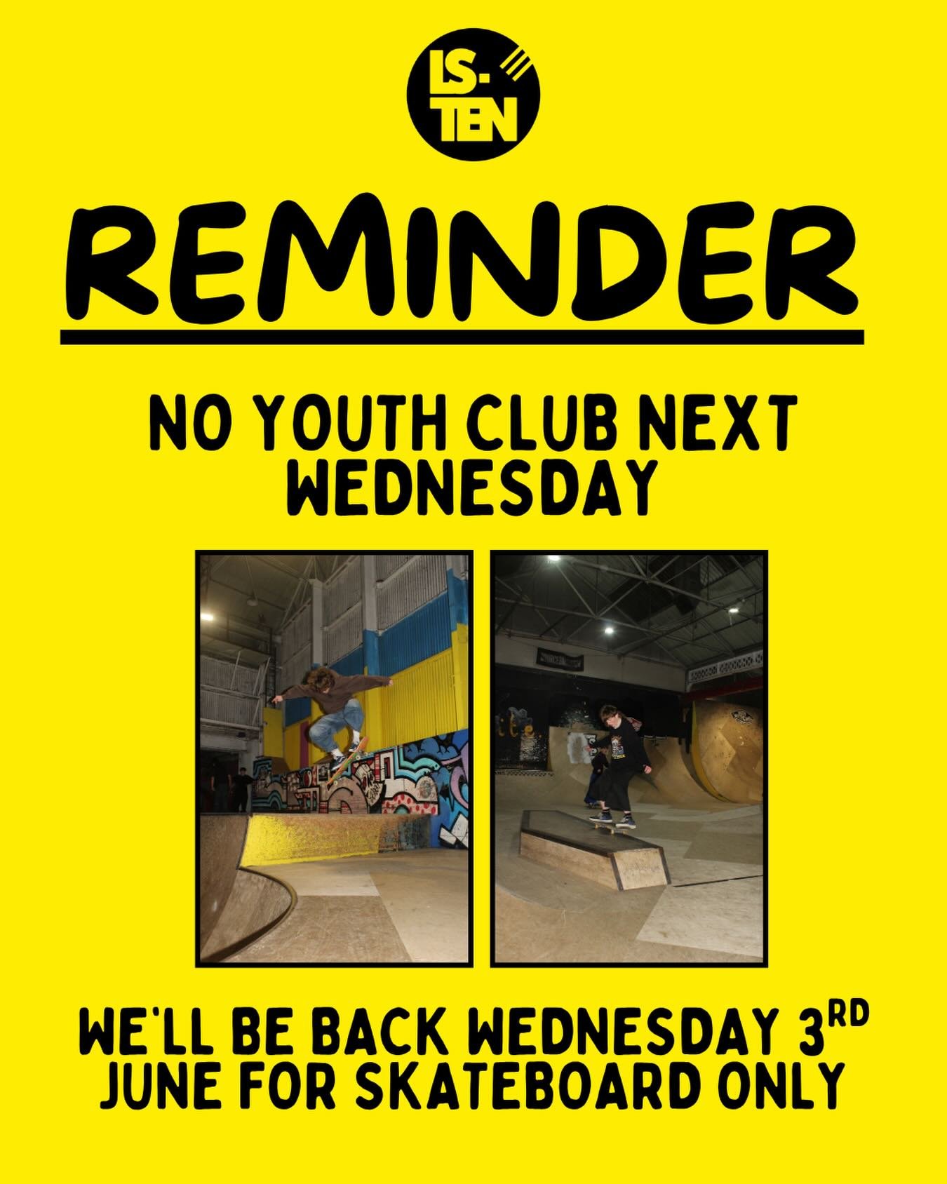 Just a little reminder that Wednesday Youth Club will not be on this week (Wednesday 27th May) due to half term holidays ☀️

Enjoy the sun and we&rsquo;ll be back Wednesday 3rd for Skateboards only