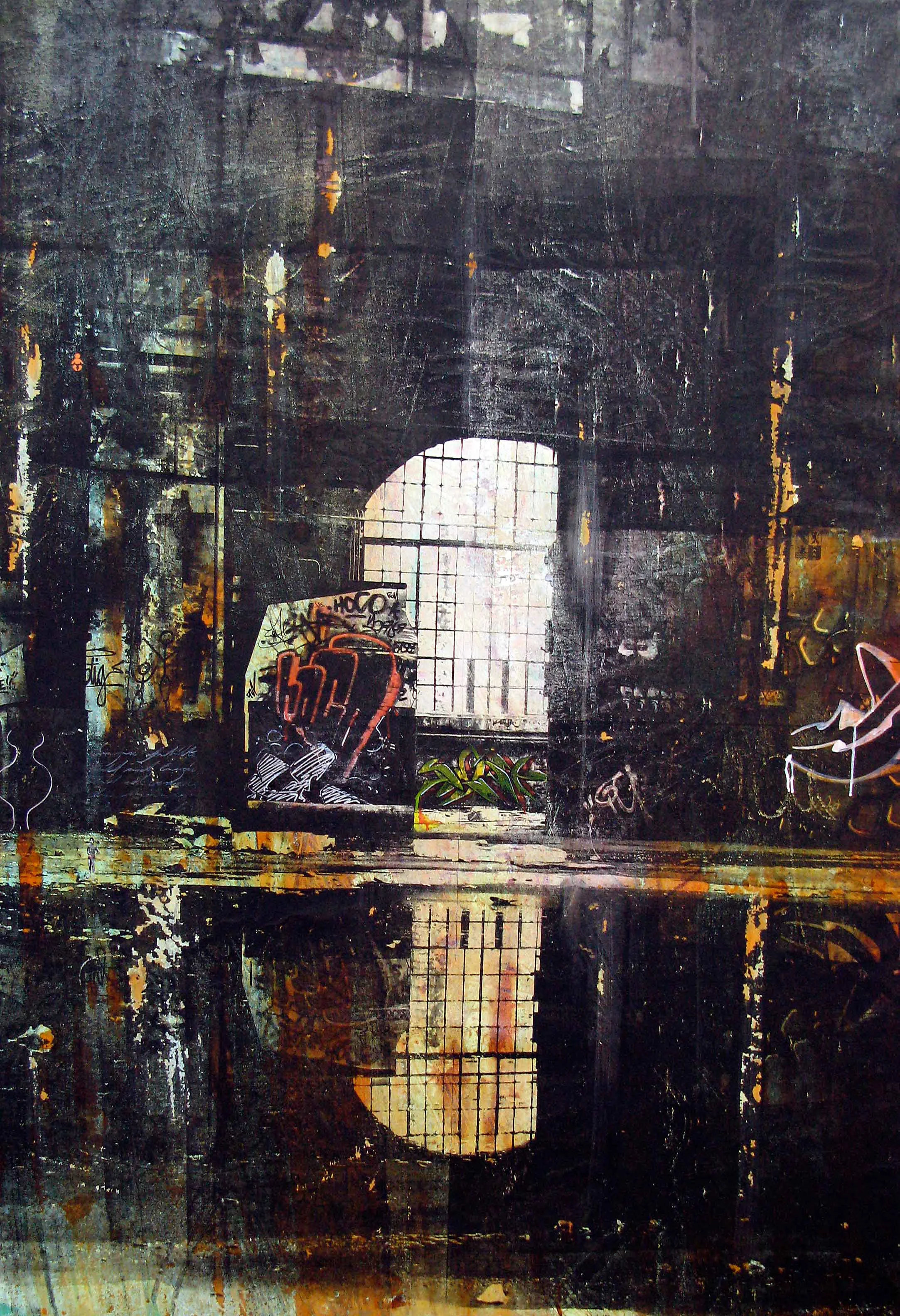 "SCHICHTWERK" screenprint and spray on canvas 200x150cm