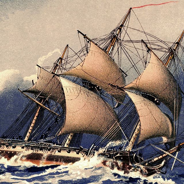 Rocked by wind, tilted to the extreme, this sailing ship appears in trouble, don&rsquo;t you think?

#ship #storm #maritime #hurricane #merchant #vessel #east #india #trading #company #chromolithography #chromolithograph #rarebooks