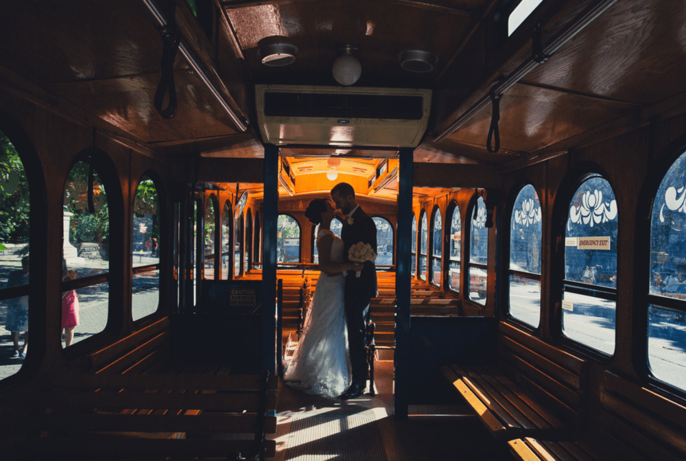 nyc wedding transportation in a trolley