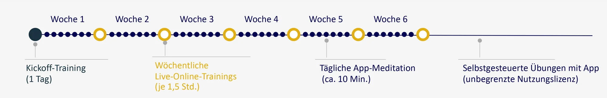 In einer Online-Variante ist es möglich, das Kick-Off-Training zu verkürzen und die wöchentlichen Online-Trainings zu verlängern, z.B. auf 1,5 Stunden