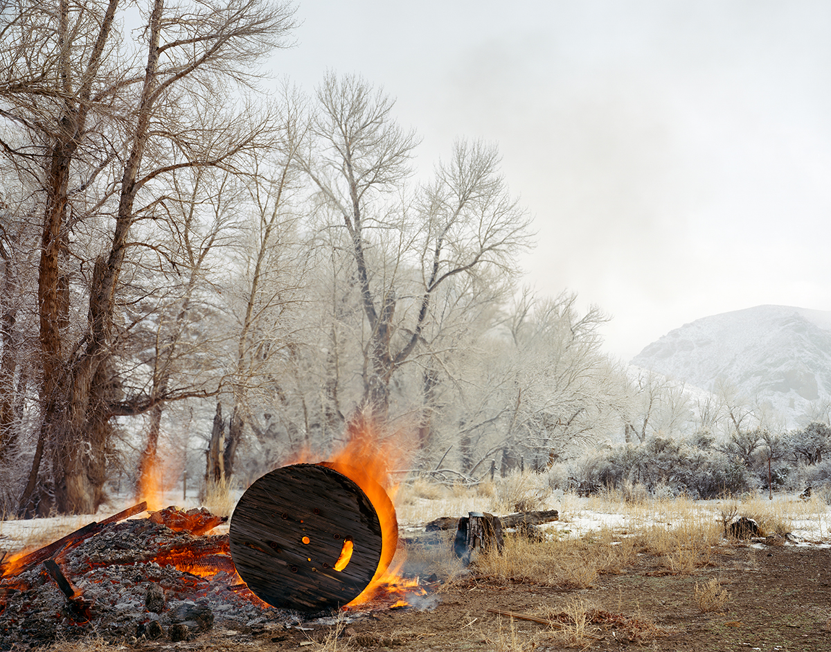  Cable Spool Burning Near a Stand of Cottonwoods, Custer County, Idaho, 2015 