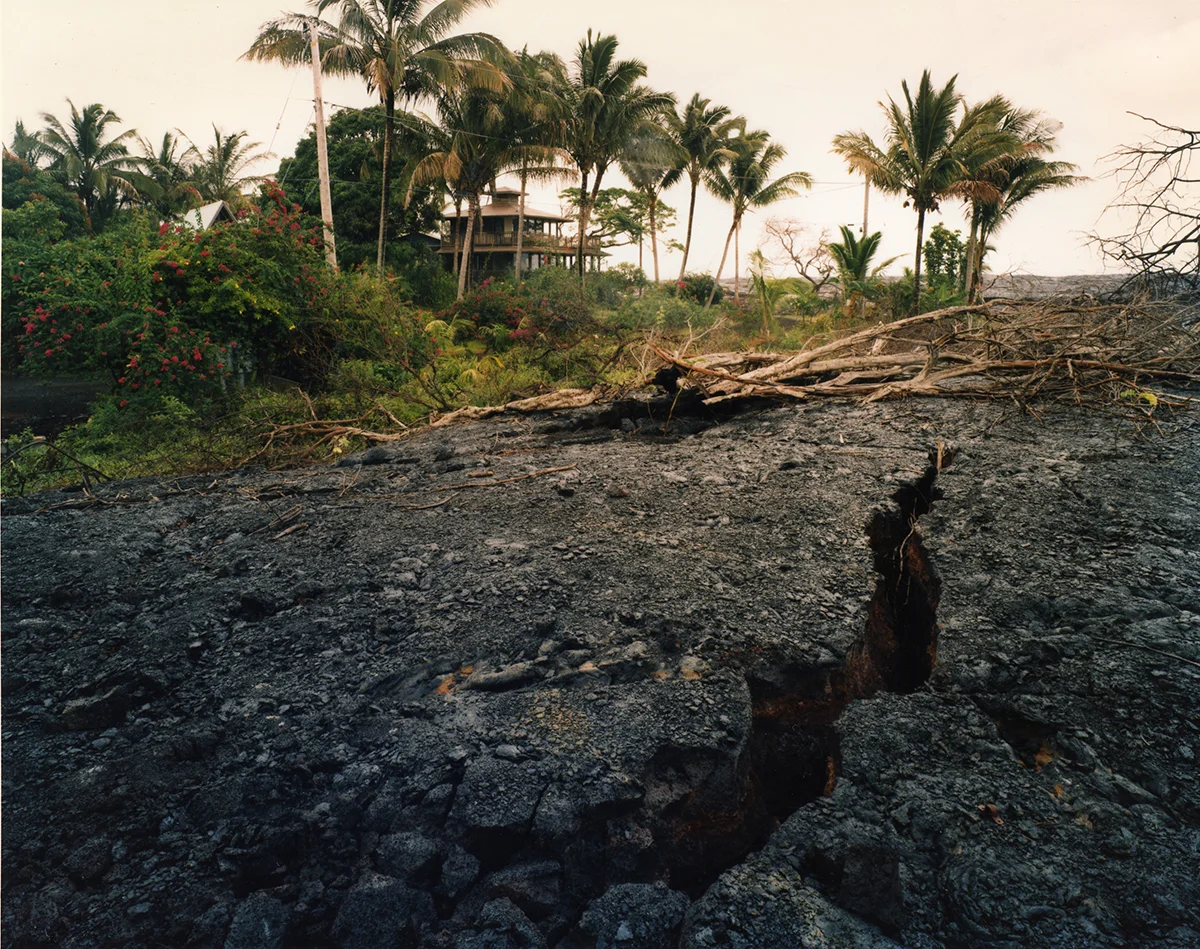 Edge of the 1990 lava flow where it crosses Route 130, Kalapana Gardens subdivision, Kalapana, Hawai’I, 1991