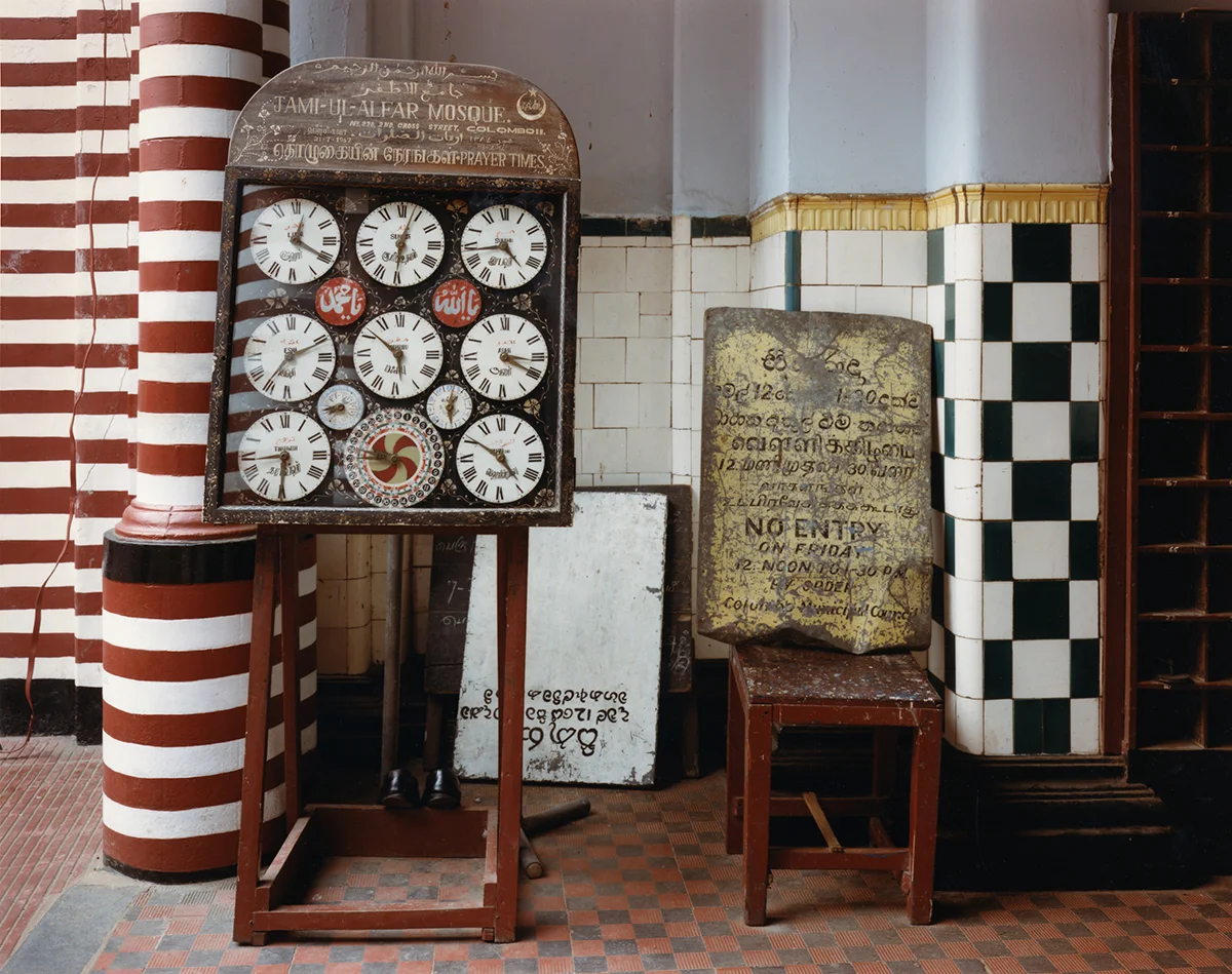 Times for call to prayer, Jami-Ul-Alfar Mosque, Colombo, Sri Lanka, 1993