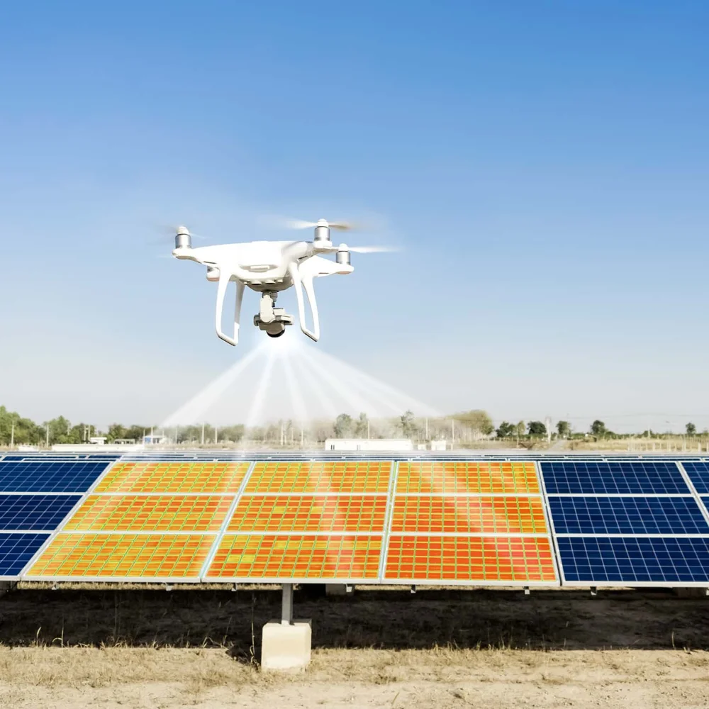 Drohneninspektion einer Solaranlage – Wärmebild-Mapping deckt Hotspots und defekte PV-Module auf.