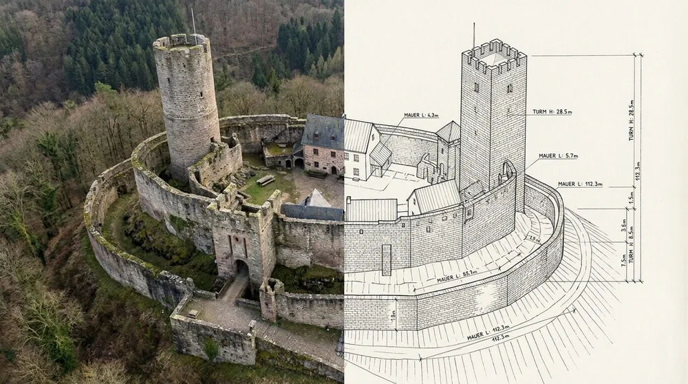 Denkmalpflege per Drohne &ndash; links Burgruine, rechts verformungsgerechtes Aufmaß von Turm und Mauern mit Maßen.