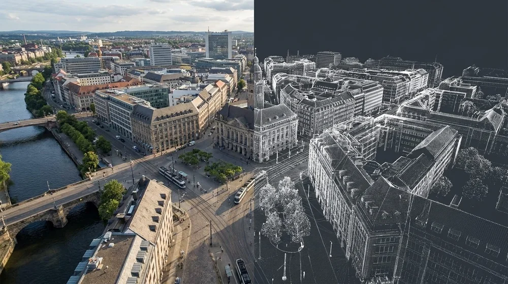 Stadtentwicklung &ndash; links Innenstadt mit Fluss und Plätzen, rechts 3D-Punktwolke ganzer Häuserblöcke.