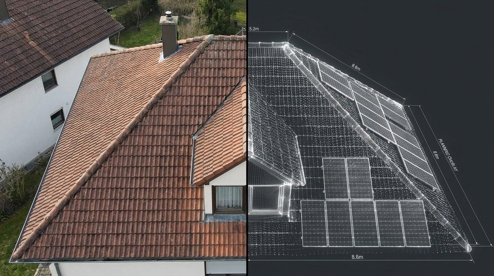 Dachflächenvermessung per Drohne &ndash; links Wohnhausdach, rechts 3D-Modell mit eingeplanten PV-Modulen und Maßen.