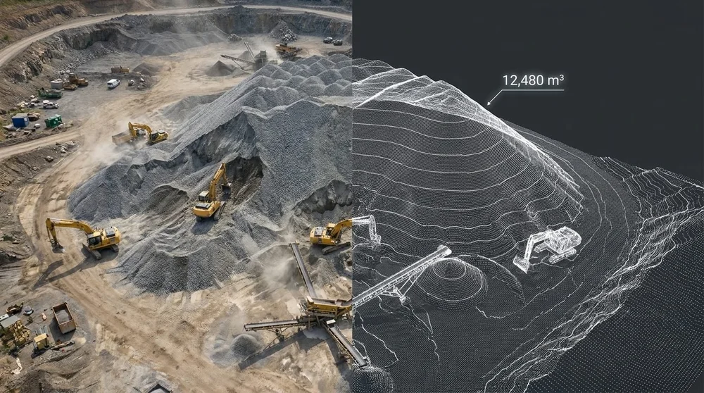 Volumenberechnung im Steinbruch &ndash; links Abbaufläche mit Baggern, rechts 3D-Geländemodell mit Volumen 12.480 m³.
