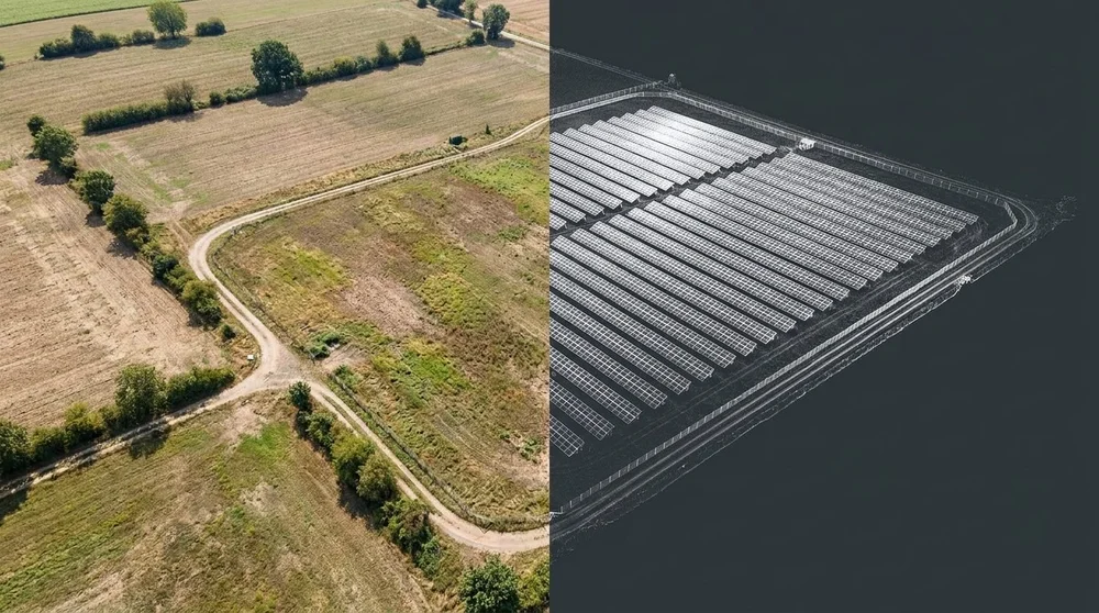 PV-Freiflächenplanung &ndash; links landwirtschaftliche Fläche, rechts geplante Solar-Freiflächenanlage als 3D-Modell.