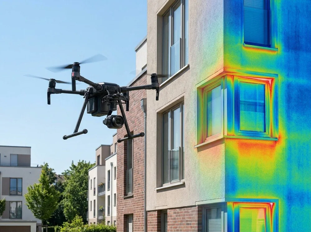 Thermografie per Drohne – radiometrisches Wärmebild deckt Wärmebrücken und Energieverluste an einer Gebäudefassade auf.