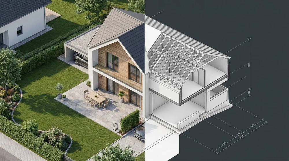 Scan-to-BIM eines Wohnhauses &ndash; links Foto, rechts geschnittenes BIM-Modell mit Dachstuhl und Maßketten.