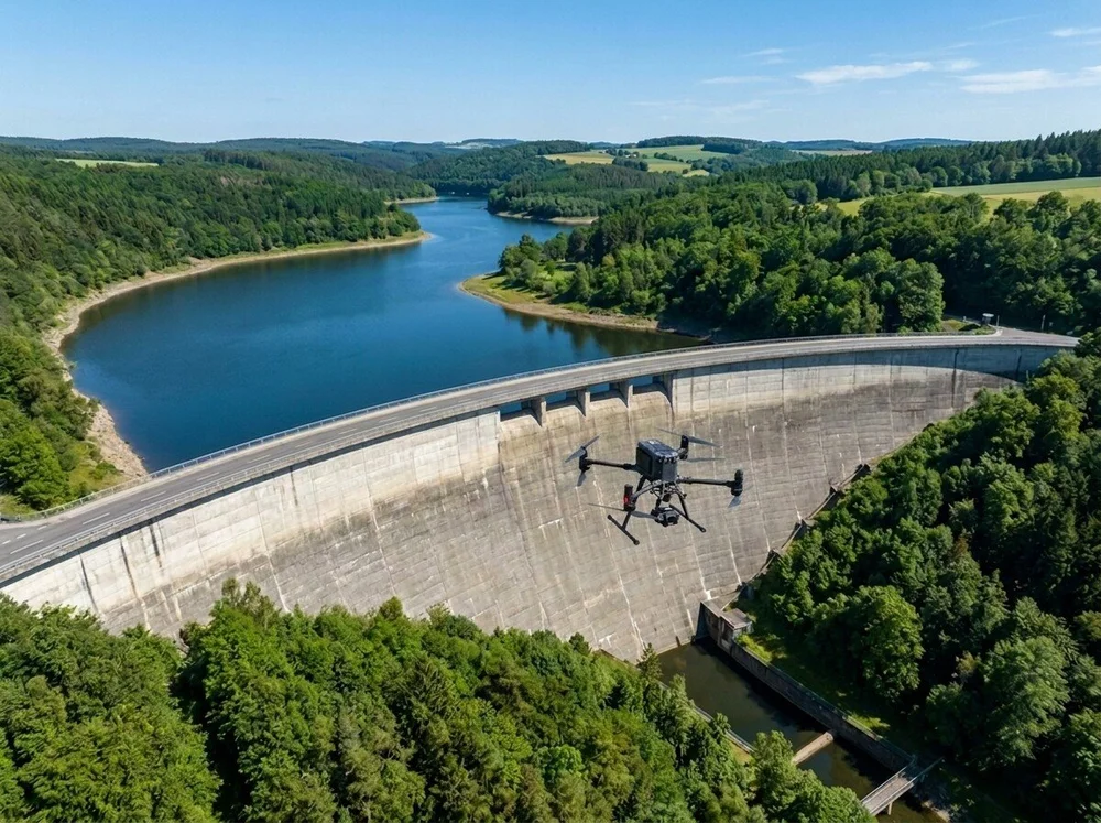 Drohneninspektion von Stausee und Wasserbauwerk – Befliegung von Damm, Wehr und Uferbauwerken.