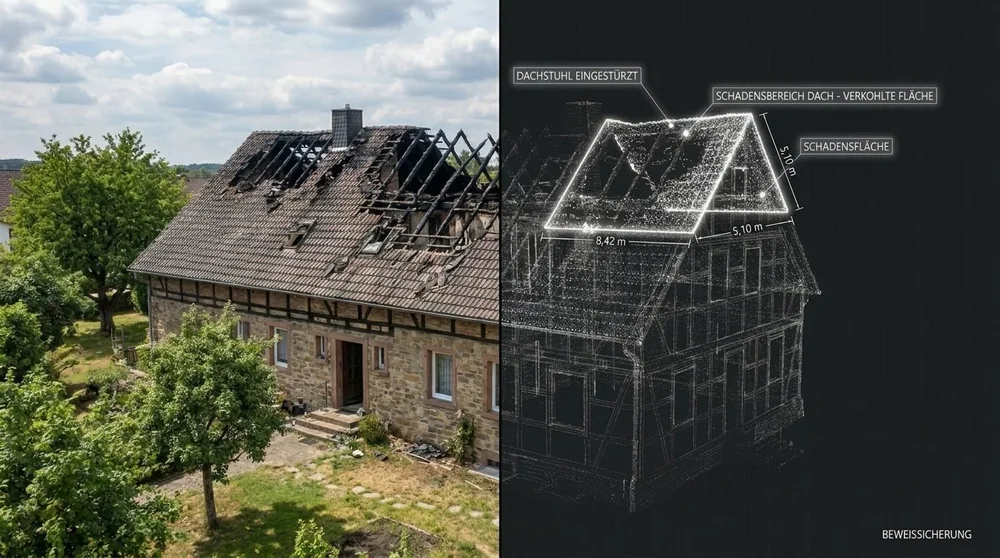 Beweissicherung nach Brand &ndash; links Wohnhaus mit eingestürztem Dachstuhl, rechts Punktwolke mit markierter Schadensfläche.