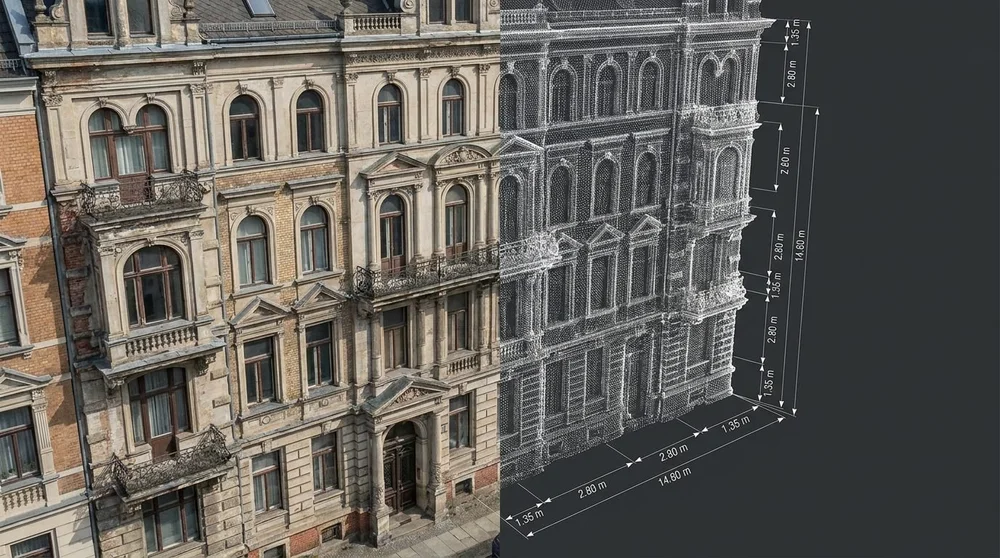 Fassadenvermessung eines Gründerzeit-Gebäudes &ndash; links Foto der Fassade, rechts dichte Punktwolke mit Maßketten.