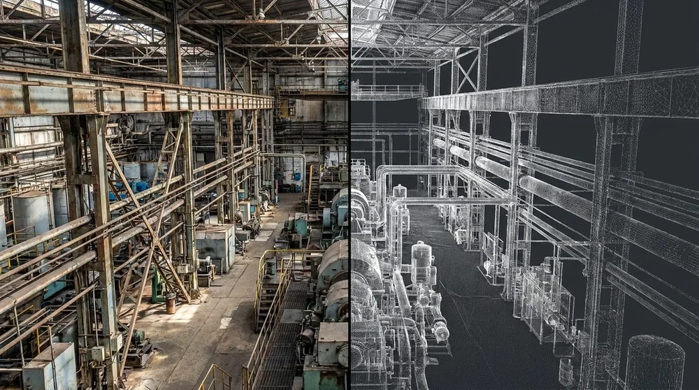 Industrievermessung einer Werkshalle &ndash; links Foto der Anlage, rechts 3D-Punktwolke von Rohrleitungen und Stahlbau.