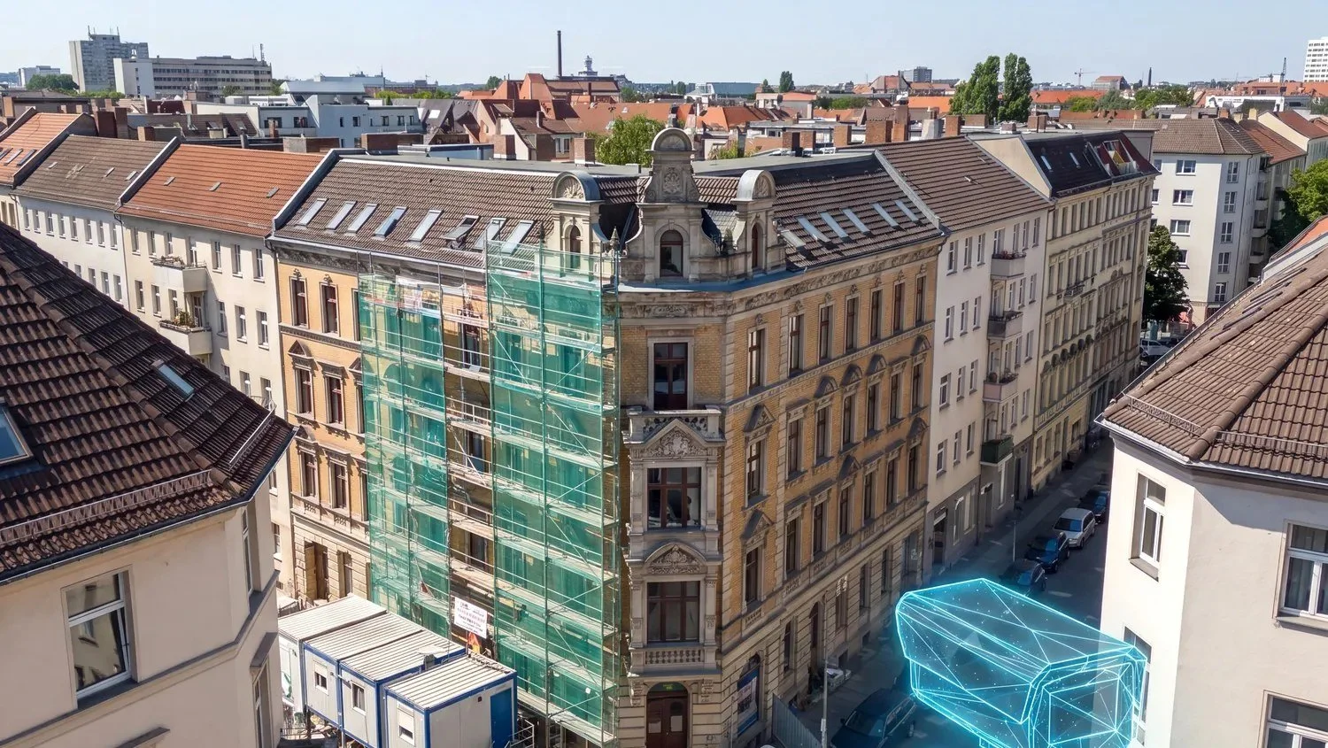 Luftaufnahme einer Baustelle mit 360°-Baustellenkamera-Blickfeld