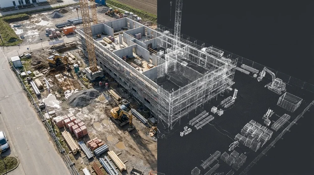 Baustellendokumentation per Drohne &ndash; links Rohbau mit Kran, rechts georeferenziertes 3D-Modell der Baustelle.