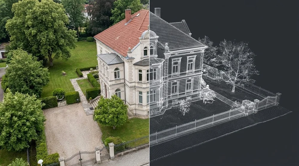 Drohnenvermessung einer historischen Villa &ndash; links Luftbild, rechts cm-genaue 3D-Punktwolke des Gebäudes.
