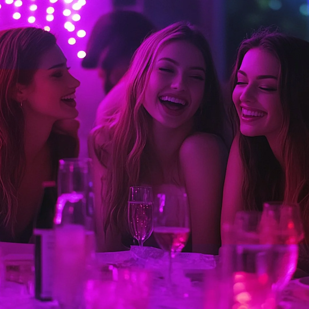 Friends celebrating a bachelorette party night out with drinks and laughter at a comedy club.