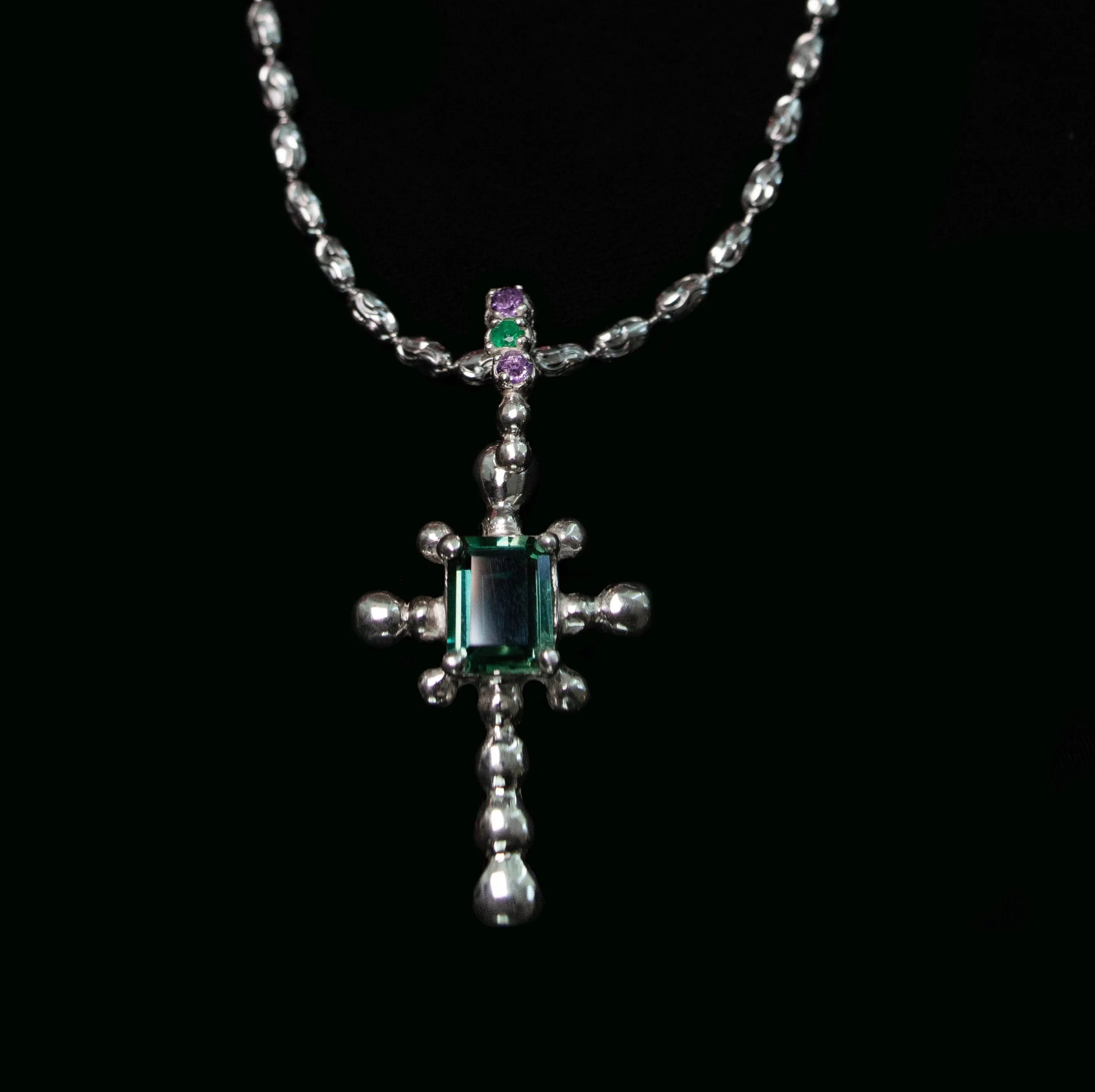 Green Quartz Bubble Cross Necklace