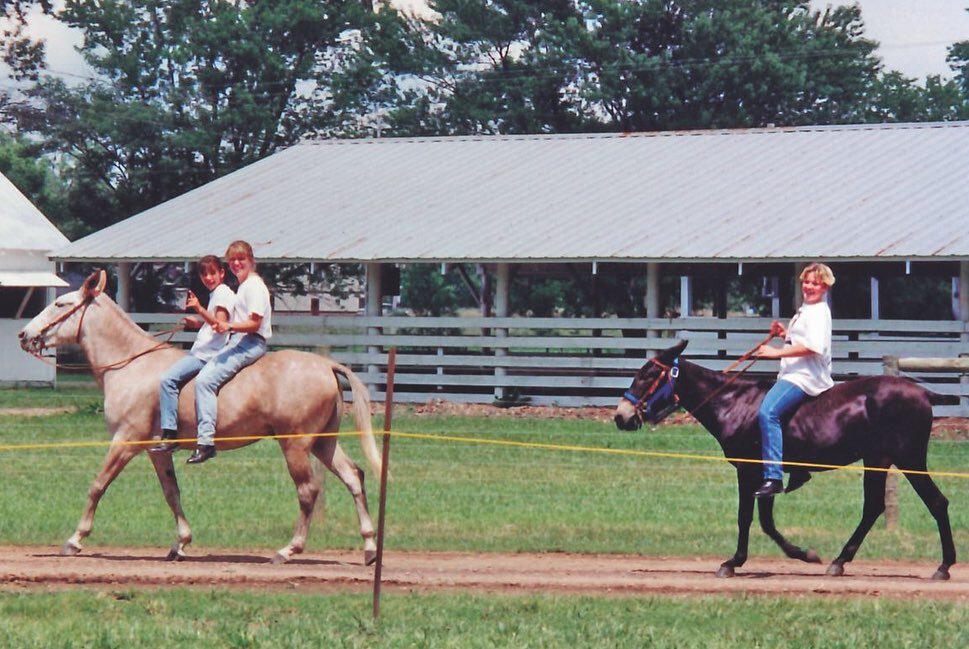 &ldquo;Having fun after the 4-H show. Sarah and friend &ldquo;Smitty&rdquo; riding Chester. Sena riding Tabby.&rdquo; / &ldquo;Cathy trying to talk Oscar into participating in the obstacle course at the May 1995 Wapello, Iowa Mule Festival.&rdquo; / 