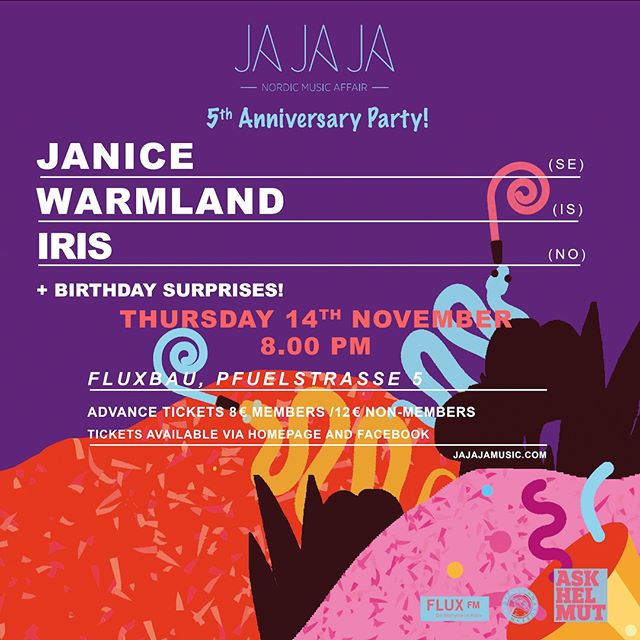 TOMORROW in Berlin! Don't miss @warmland alongside Norweigan and Swedish acts IRIS and JANICE playing at the fifth anniversary party of JAJAJA at Fluxbau! 🥳 Happy birthday Jajaja and see you all in Berlin! #icelandicmusic