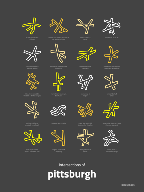 Images of 20 intersections in Seattle, drawn in crude, thick lines -- alternately colored yellow, orange, white and sand