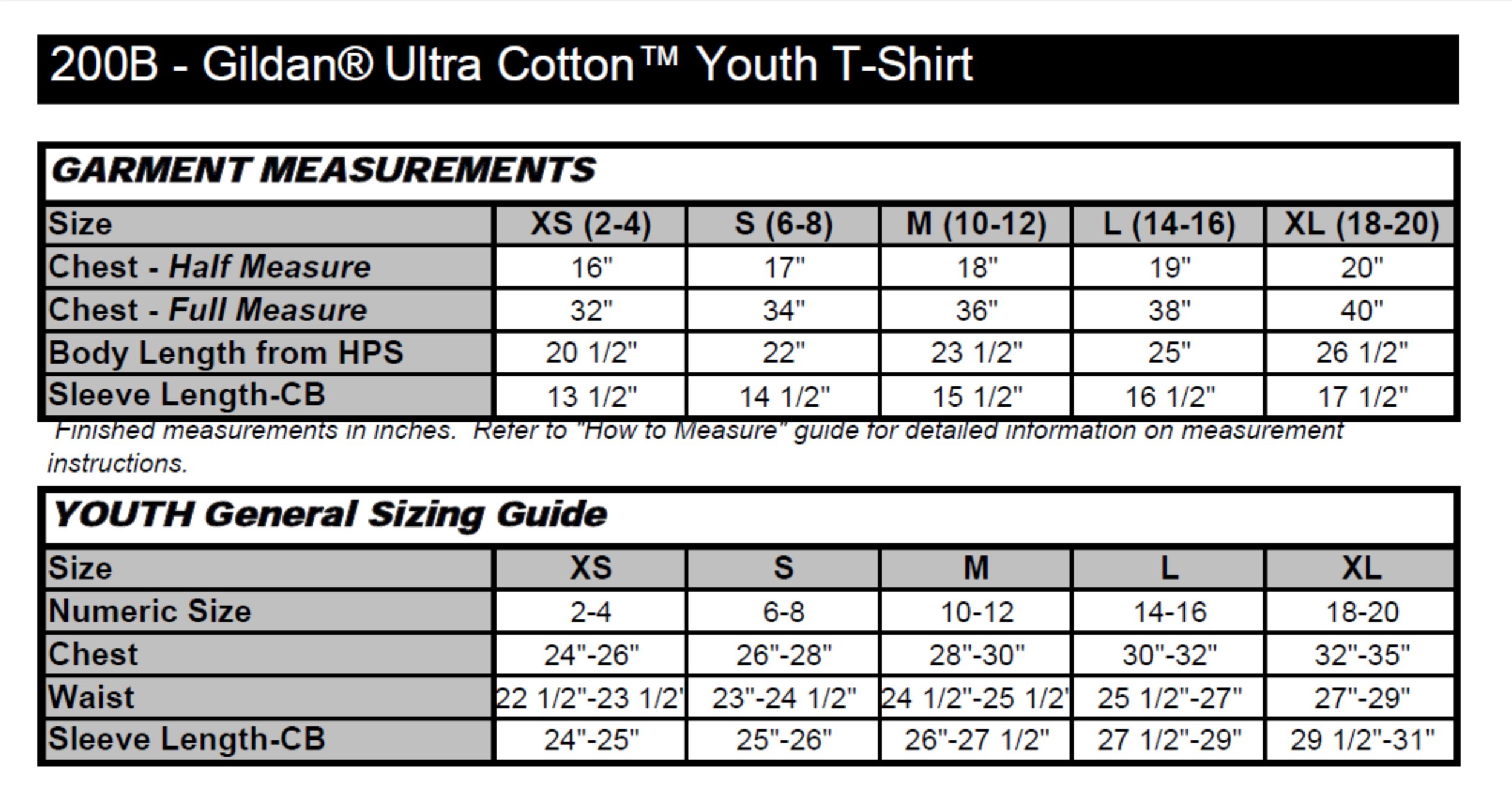 Youth Shirt Size Chart