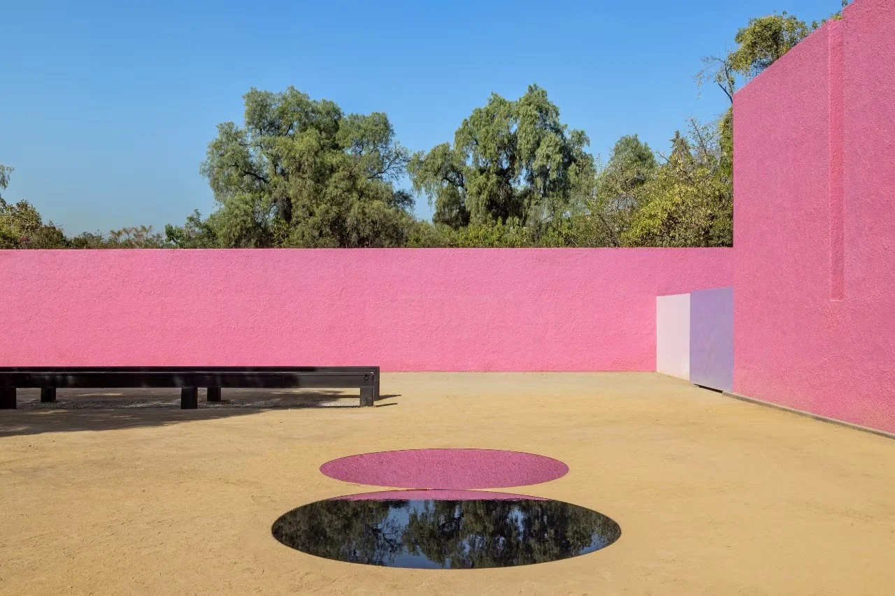 Pink walls and reflecting pool at Cuadra San Cristóbal, a Luis Barragán landmark in Mexico City