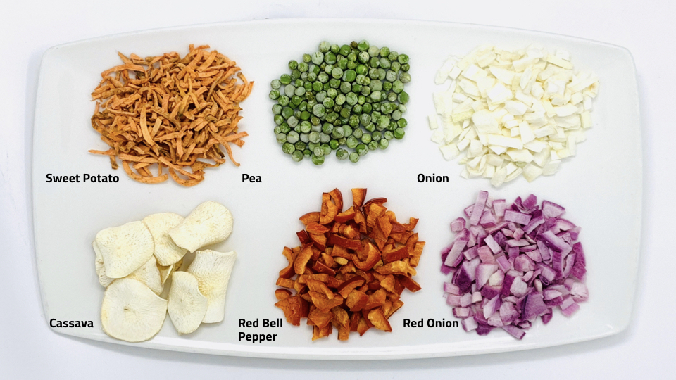 Some ingredient examples of the SAUNA DFD Freeze Drying Process -better structure (crunch), color and flavor of any other product